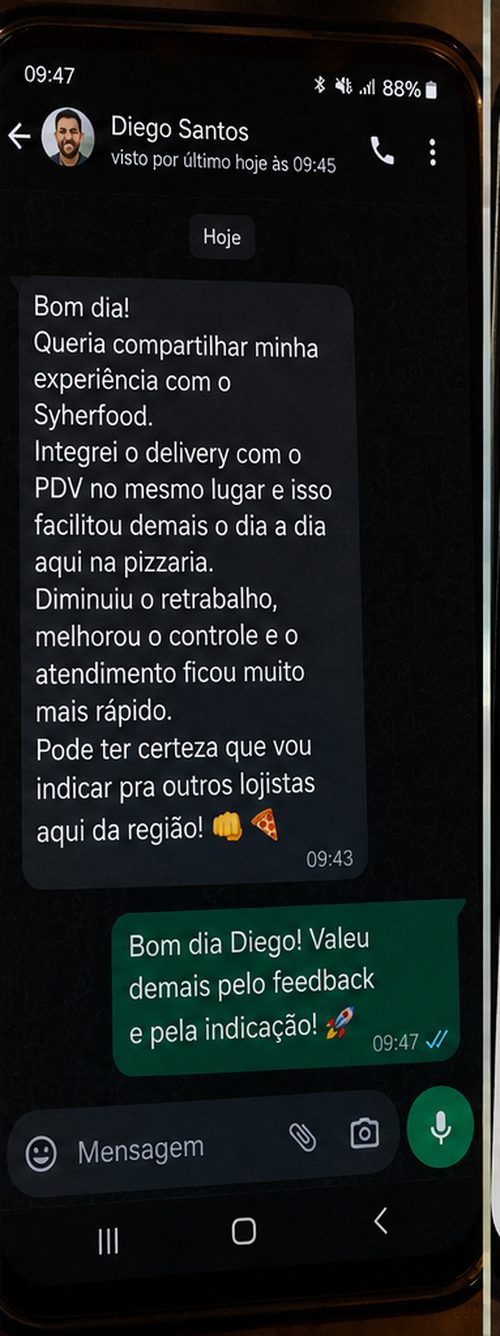 Print de WhatsApp — depoimento de Diego Santos