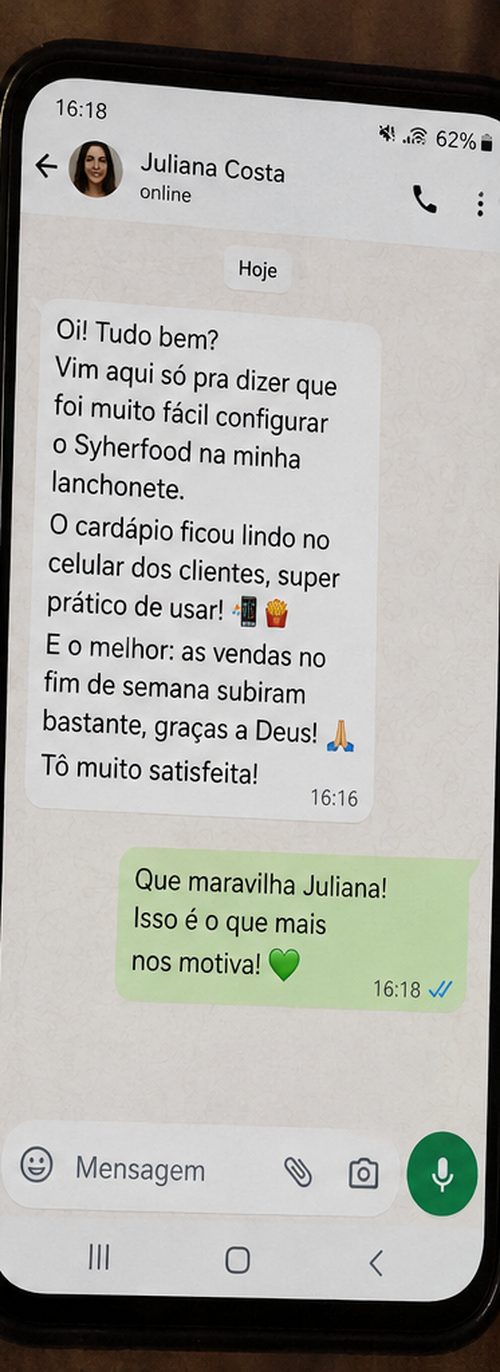 Print de WhatsApp — depoimento de Juliana Costa